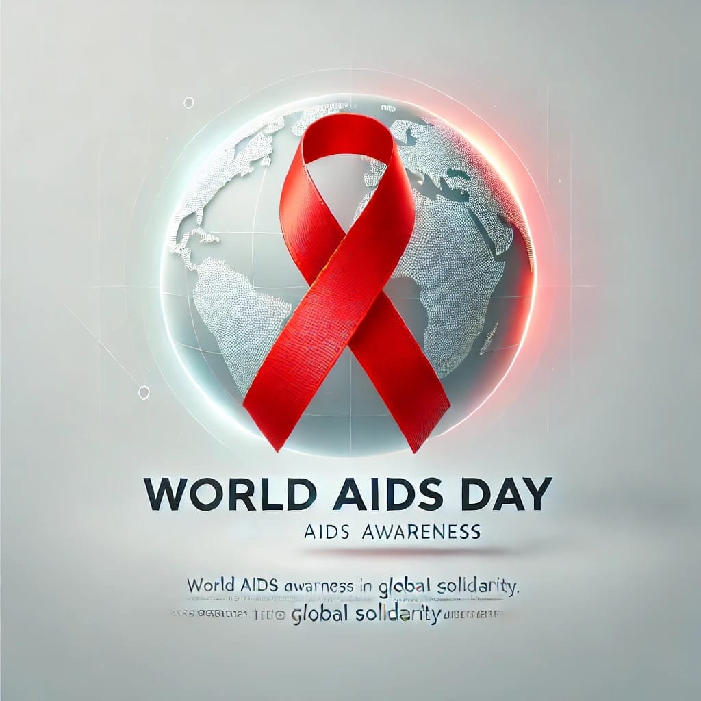World AIDS Day 2024 awareness campaign poster highlighting HIV prevention, stigma reduction, and global solidarity