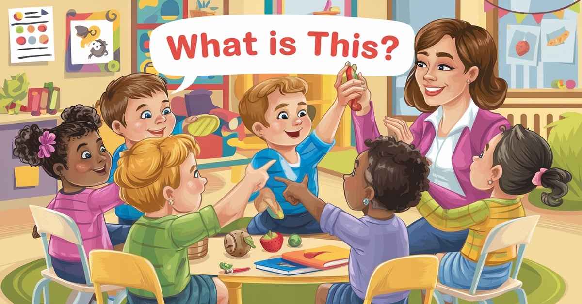 Children playing 'What is this?' game in playgroup for skill development.