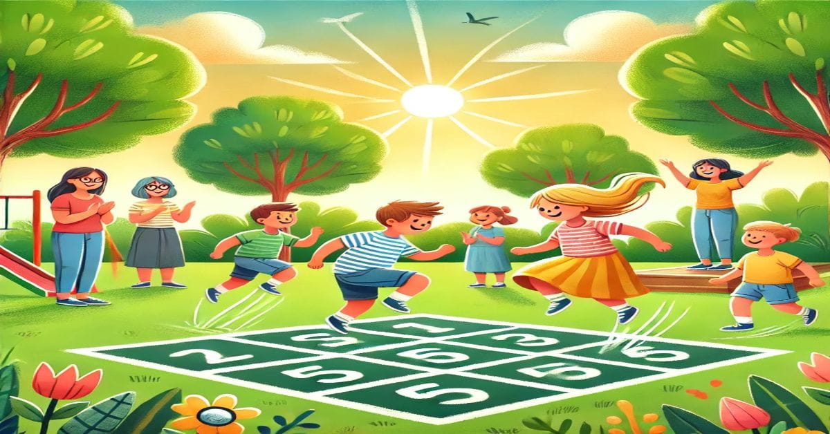 A colorful illustration of children playing hopscotch, highlighting balance and coordination development.