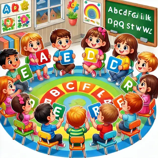 अक्षर पहचान का खेल खेलते हुए बच्चे