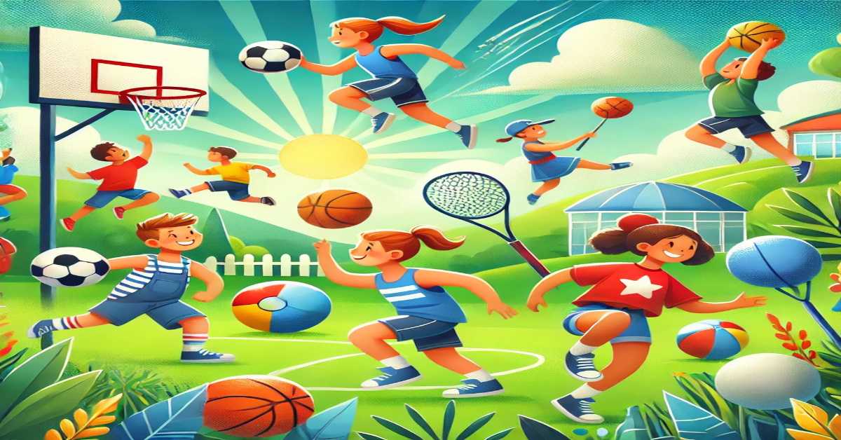 बच्चों का फुटबॉल, बास्केटबॉल और डॉजबॉल जैसे खेल खेलते हुए रंगीन चित्रण, मोटर स्किल्स और समन्वय विकास को दर्शाता हुआ।