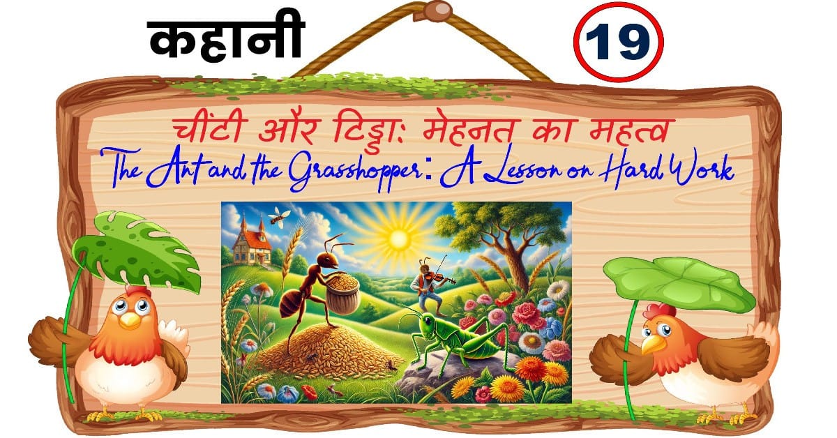 चींटी अपने घोंसले के लिए अनाज ले जाती हुई और टिड्डा मस्ती करता हुआ।