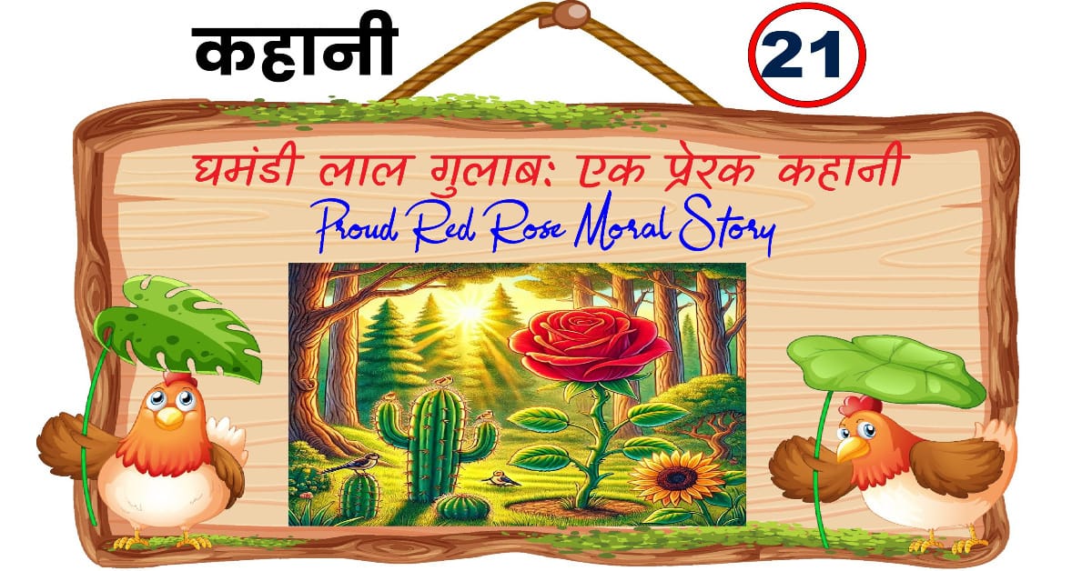 A proud red rose and a cactus in a forest scene with sparrows.