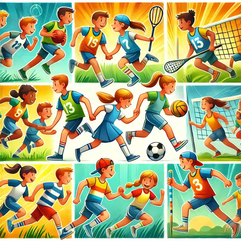 Children playing team sports like football, basketball, volleyball, and relay races, showcasing teamwork, cooperation, and collaboration.