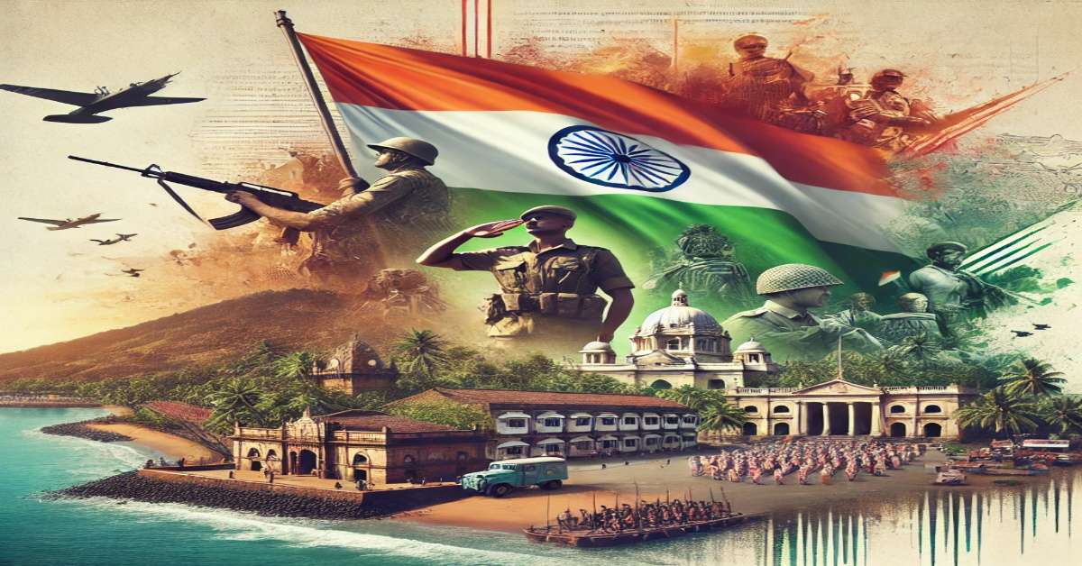 A symbolic image of Goa Liberation Day featuring the Indian flag and a scenic Goan coastal backdrop.