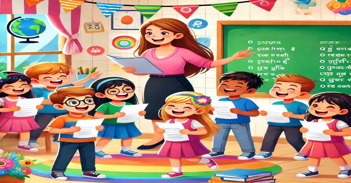 बच्चों के कविता पाठ का दृश्य, जो उनके भाषा कौशल और संवाद क्षमता को बढ़ाने में मदद करता है।