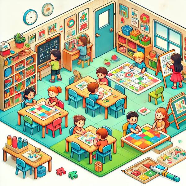 "छोटे कक्षाओं में बच्चों के लिए मजेदार और शैक्षिक खेलों का चित्रण।"