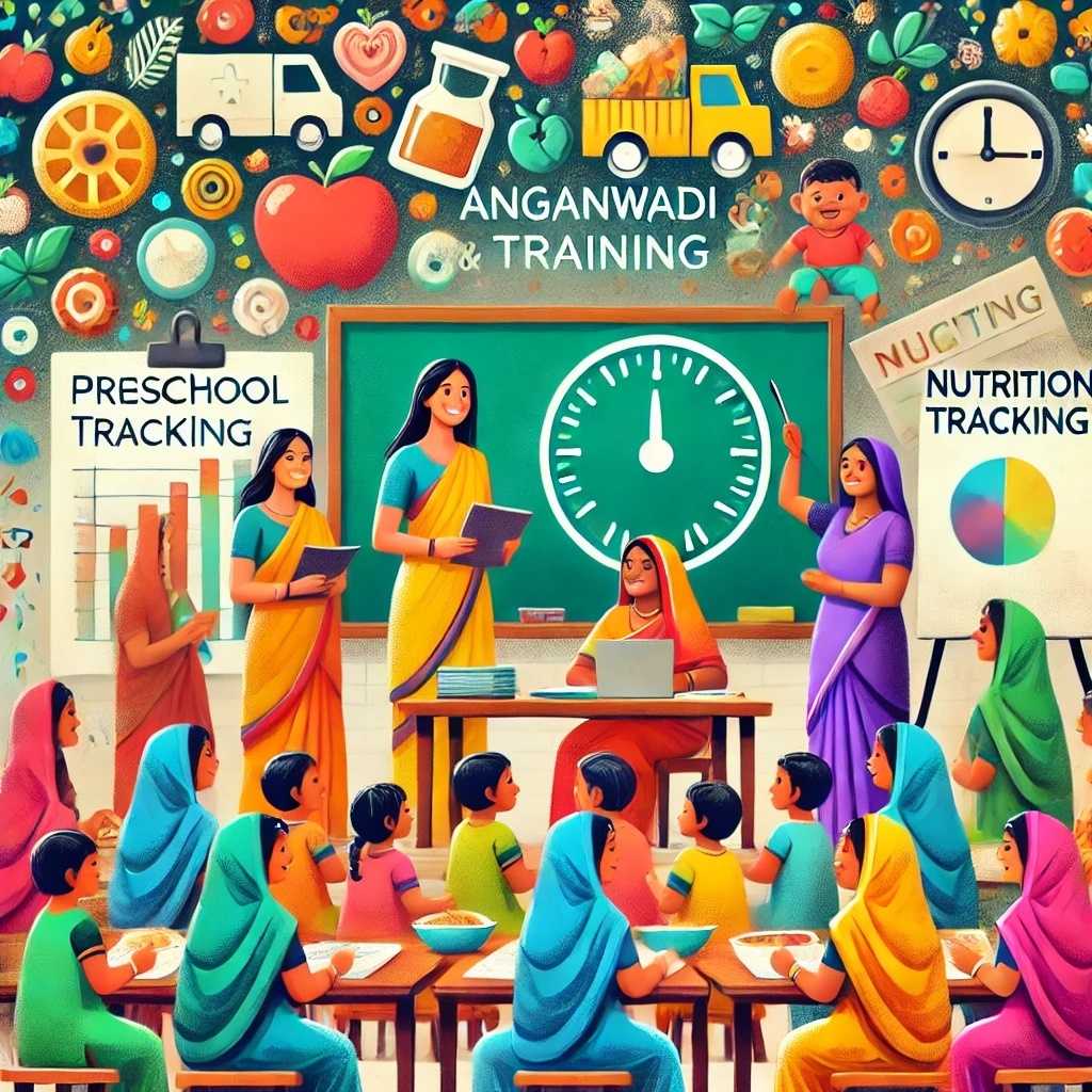 भारत के ग्रामीण समुदाय में आंगनवाड़ी कार्यकर्ताओं को प्री-प्राइमरी शिक्षा और पोषण ट्रैकर पर प्रशिक्षण देते हुए, बच्चों और शिक्षण सामग्री के साथ। (illustration)