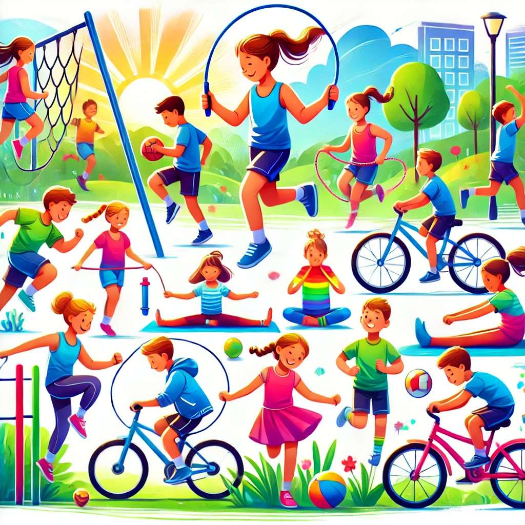 Children engaging in physical activities like running, jumping rope, playing ball, cycling, and yoga, promoting an active lifestyle.