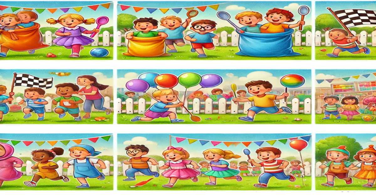 प्ले ग्रुप के बच्चों के लिए 10 प्रकार की दौड़ प्रतियोगिताओं का रंगीन चित्रण, जिसमें थैला दौड़, गुब्बारा दौड़, खजाना खोजो दौड़, और अन्य मजेदार खेल शामिल हैं।