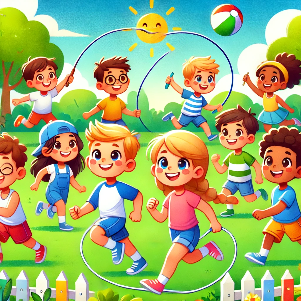 Children playing outdoor physical activities like running, jumping, skipping rope, and passing a ball in a park, showcasing their energy and joy