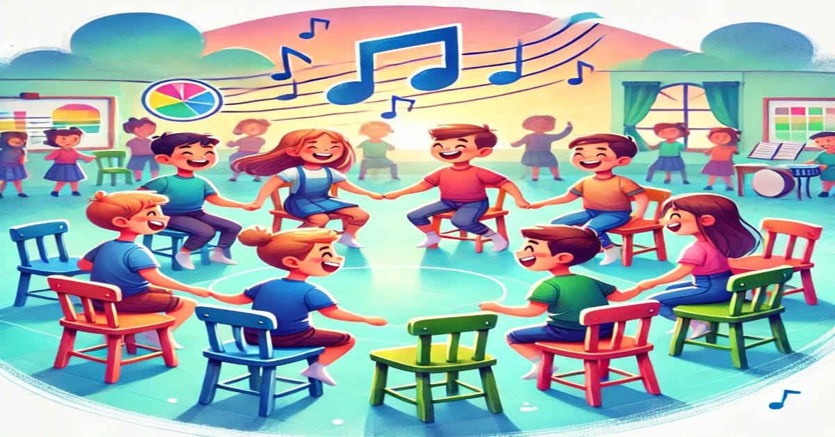Children playing musical chairs, enjoying teamwork and balance.