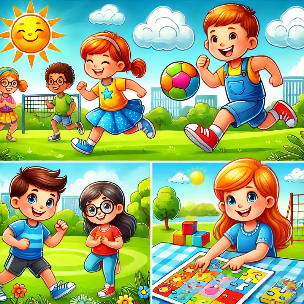 खुश बच्चे पार्क में खेलते हुए आत्मविश्वास और खुशी दिखा रहे हैं।