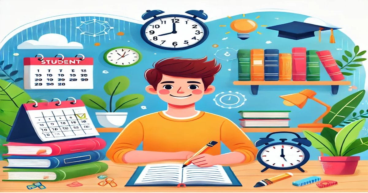 समय प्रबंधन का महत्व दर्शाते हुए डेस्क पर बैठे एक छात्र की रंगीन और प्रेरणादायक छवि।