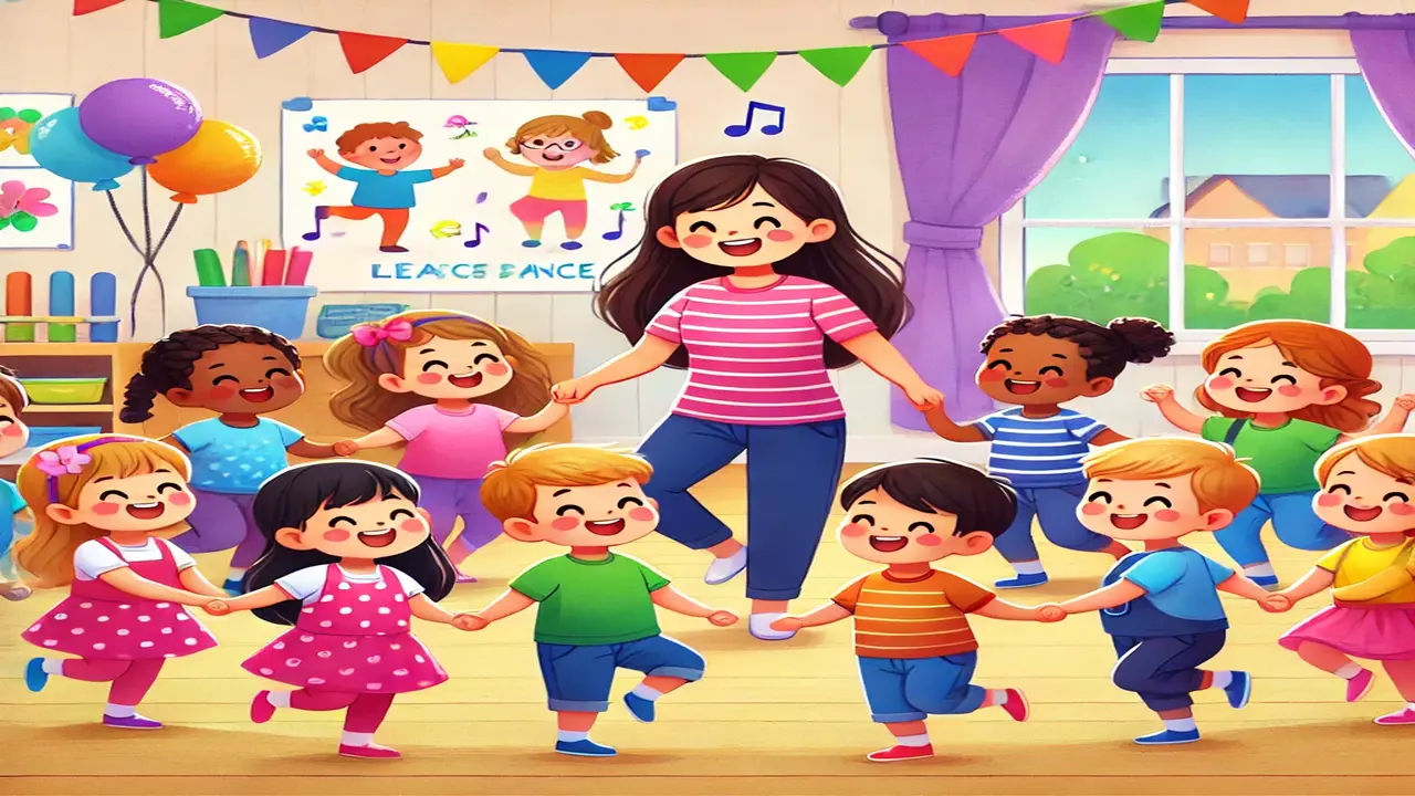 Preschool children learning a simple dance with a teacher
