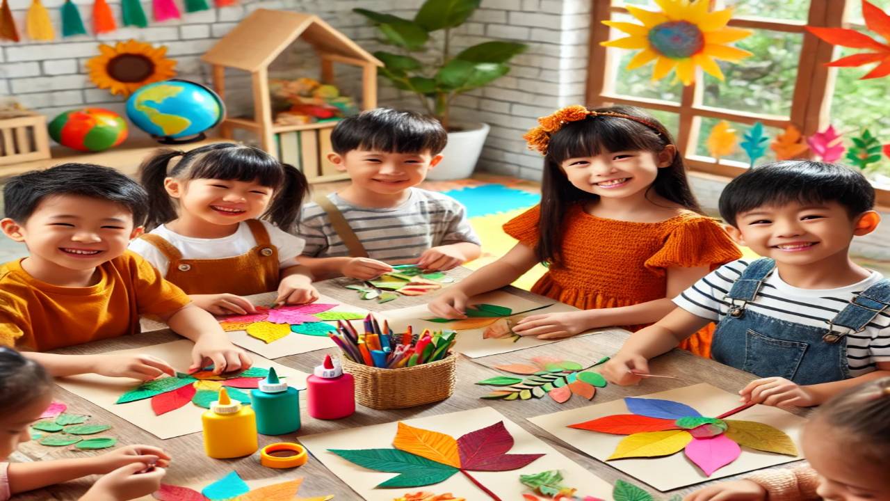 Kids making art with leaves