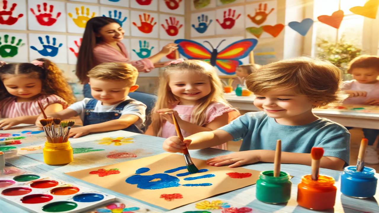 Kids making art with handprints