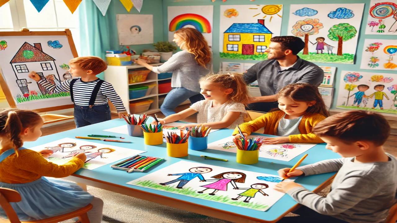 बच्चे 'मेरा परिवार' का चित्र बनाते हुए