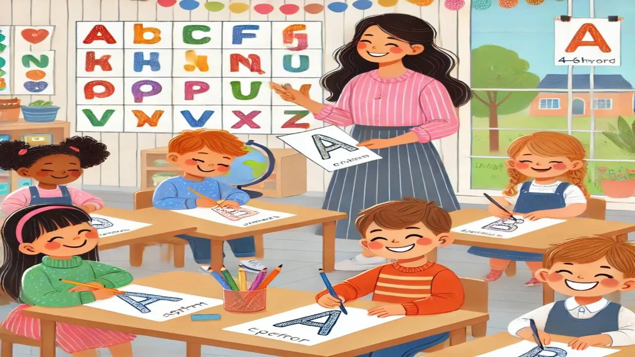 Kids practicing on alphabet tracing sheets