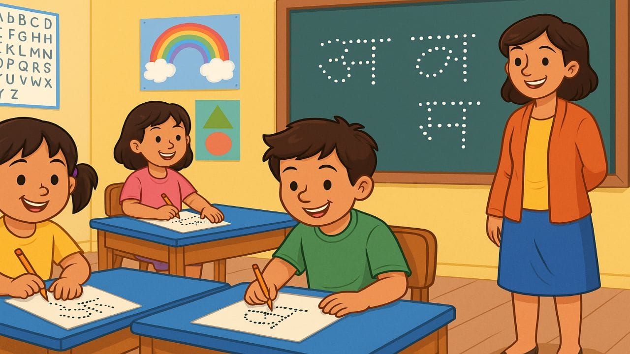 A colorful illustration of children joining Hindi letters using dots