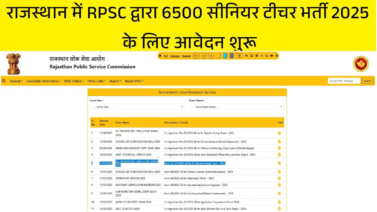 RPSC Senior Teacher Recruitment 2025 Apply Online for 6500 Posts