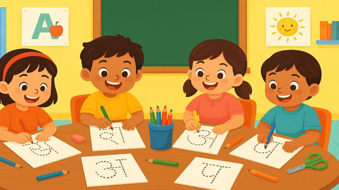 बच्चों के लिए डॉट्स से अक्षर जोड़ने की गतिविधि करते हुए चित्र।